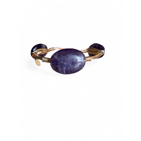 Purple Amethyst Stone & Gold Tone Wire Wrapped Bangle Bracelet For Women Gift - Picture 2 of 5